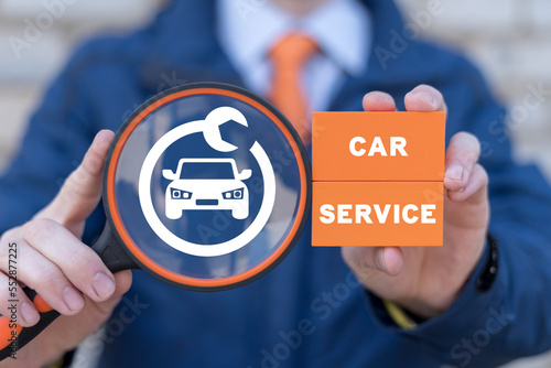 Concept of auto repair service. Tuning car center. Technical repairs car. Vehicle technics maintenance. Fix of malfunctions transport. Car service. photo