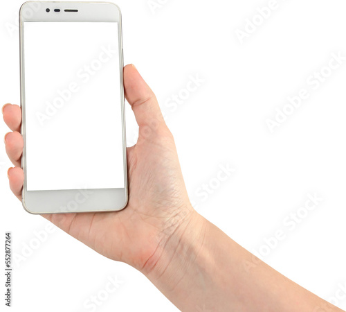 Woman hand holding phone isolated mockup on white background. Female arm with a smartphone template with black screen.