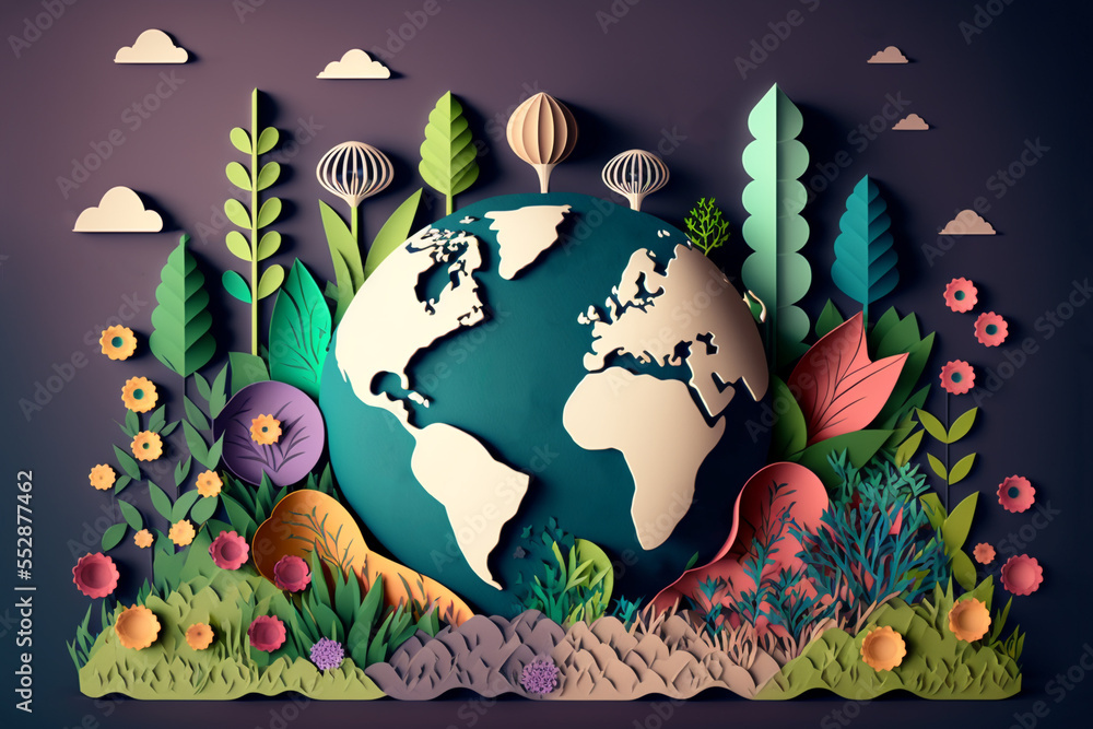paper craft illustration of Earth Day concept , Earth globe with beautiful nature , blooming plant and clean water, paper craft illustration of Earth Day concept , Earth globe with beautiful nature , blooming plant and clean water,