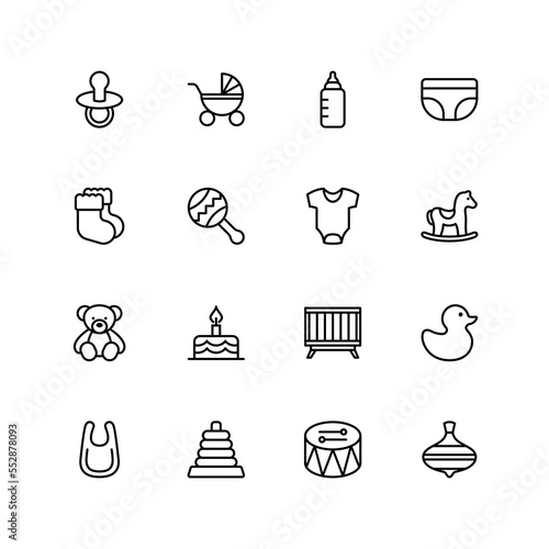 Set of 16 baby toys vector thin line icons, collection of vector buttons illustration.