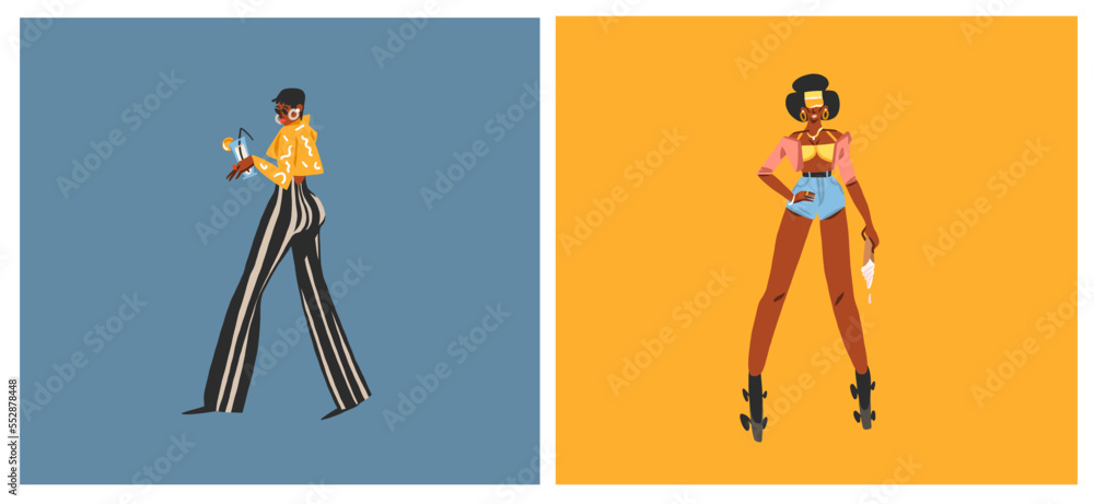 Naklejka premium Hand drawn vector abstract modern graphic illustrations characters collection set of young women on disco party and rollerblading ,90s elements. African american concept. Cartoon character design .