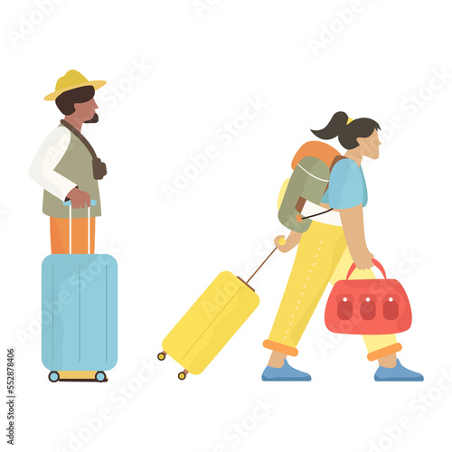 illustration of traveling people with accessories, cameras and suitcases