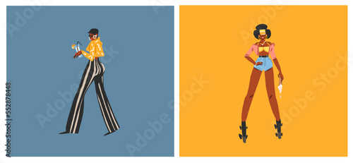 Hand drawn vector abstract modern graphic illustrations characters collection set of young women on disco party and rollerblading ,90s elements. African american concept. Cartoon character design .