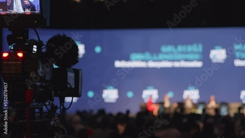 Video camera on the when shooting a television show. Live conference.