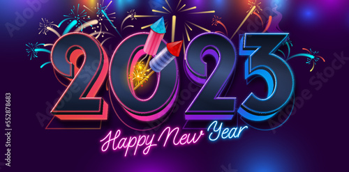 2023 Happy New Year illustration with typography lettering and Christmas ball on dark background. Holiday design for flyer  greeting card  banner  celebration poster  party invitation or calendar.
