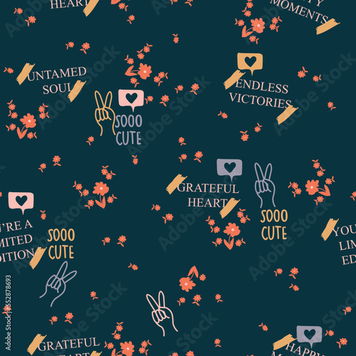 Spring, summer, conversational, seamless pattern print with doodle flowers, floral print and tags, positive quotes and slogans for fabric, thanksgiving, christmas, textile, tshirt, and wrapping