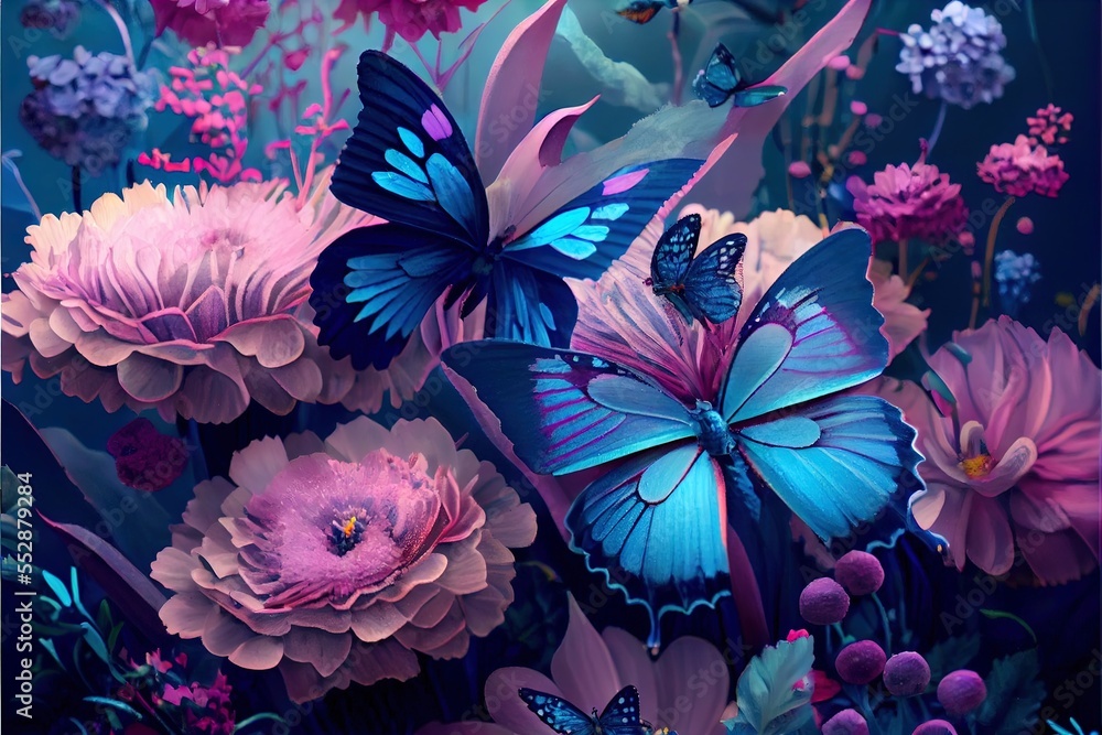 a painting of a bunch of flowers and butterflies in the air with a blue