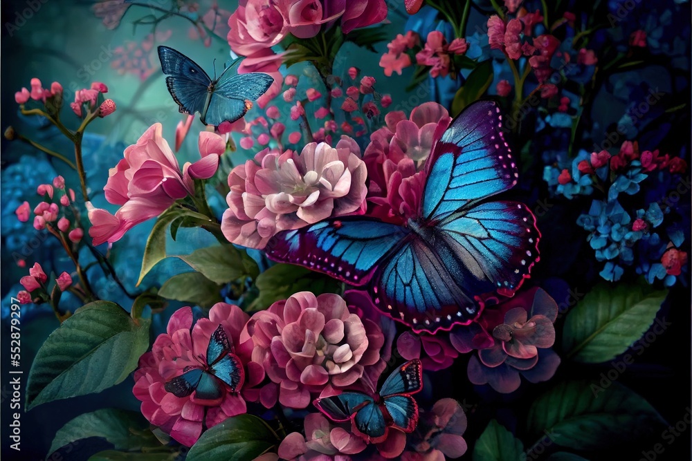 a painting of a blue butterfly and pink flowers with blue butterflies