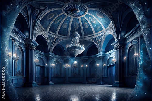 Stampa su tela a large room with a chandelier and a ceiling with stars and lights in it and a wooden floor