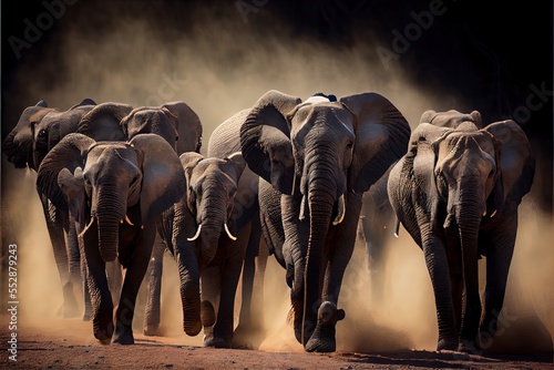 Fototapeta a herd of elephants walking down a dirt road in the wild with dust behind them and a black background