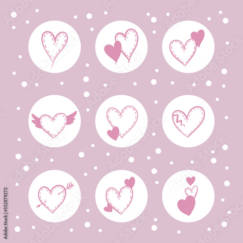 Collection of vector social media icons with hearts for Valentine's Day