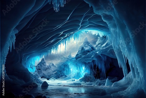 Fotografia, Obraz a cave with ice formations and a stream of water inside of it