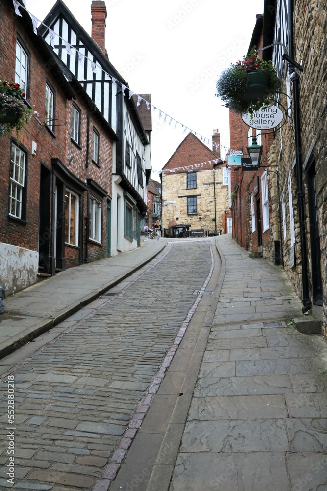 Old street in city of Lincoln, England United Kingdom