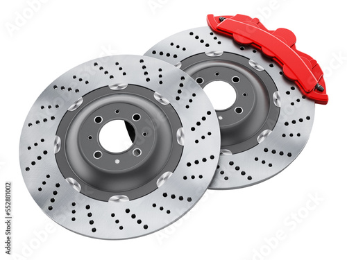 Car brake discs and red calipers on transparent background.