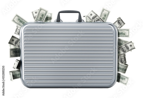 Dollar piles inside briefcase on transparent background.