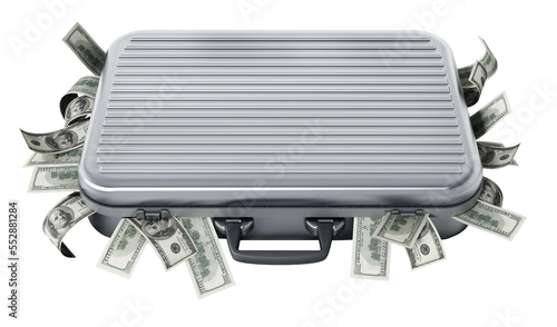 Dollar piles inside briefcase on transparent background.