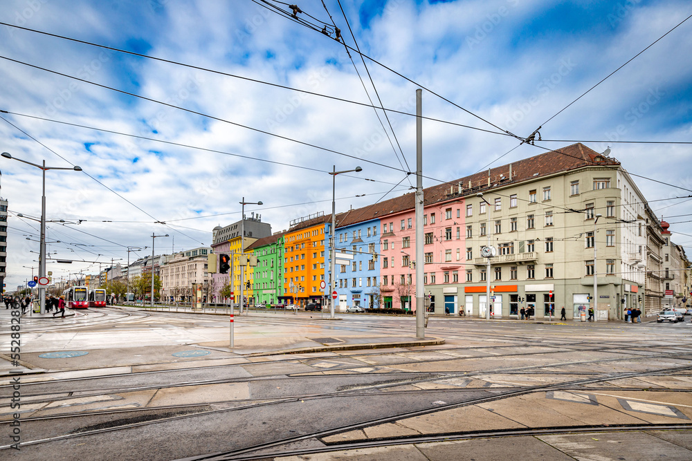Belvedere district in Vienna. Beautiful colorful buildings of the streets of Vienna.