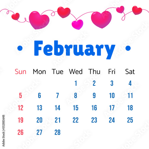 February 2023 Calendar. February 2023 Calendar vector illustration with cute hearts. Calendar Vector Template, Simple Minimal Design. Calendar Template For February 2023.