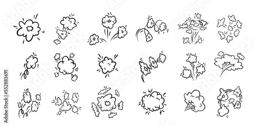 Comic boom effect clouds. Set of explosion bubbles and smoke. Vector illustration isolated on white background