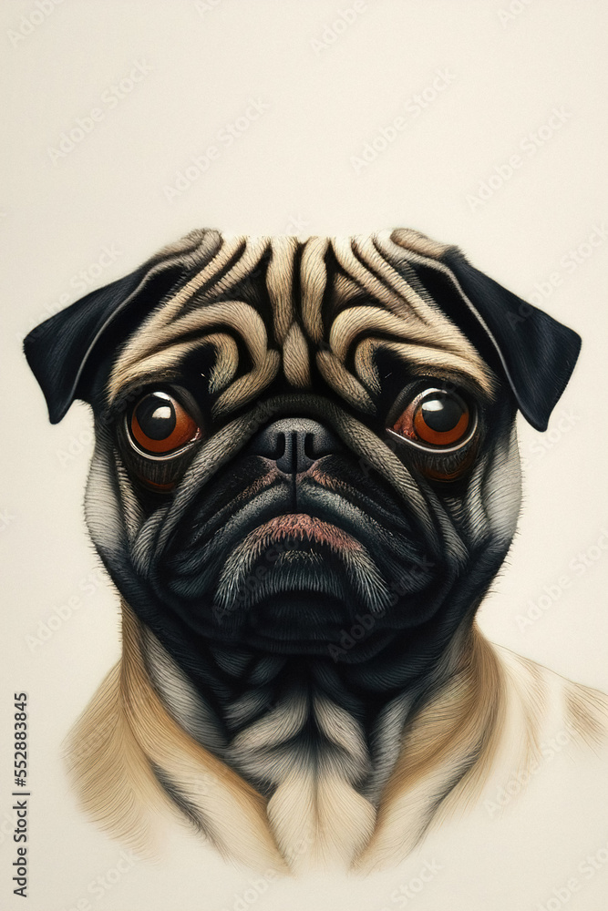 Pug dog portrait, illustration, generative ai