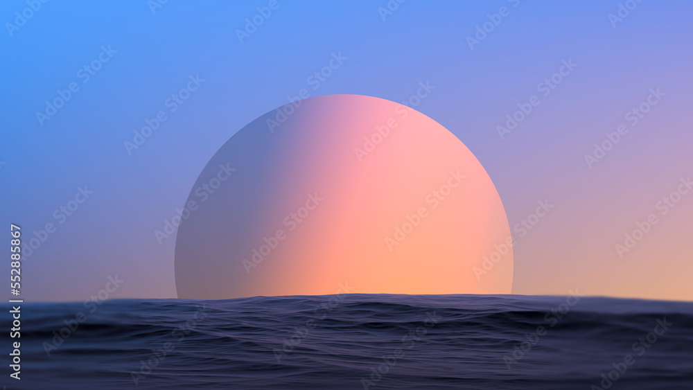 Planet on the horizon of waves among the water. Wallpaper fantastic landscape. 3D render.