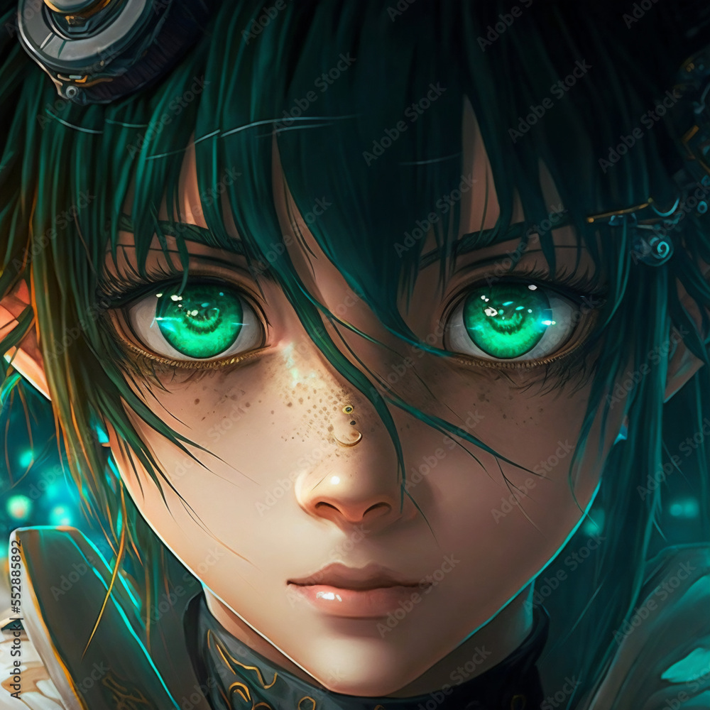 Manga Girl with green eyes. Cyber Girl. AI generated