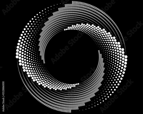 White halftone dots in vortex form. Geometric art. Trendy design element.Circular and radial lines volute, helix.Segmented circle with rotation.Radiating arc lines