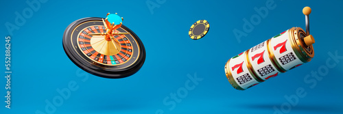 Gambling concept design. 3D realistic roulette wheel and slot machine on blue background. 777 Big win concept banner casino. Horizontal size. 3d rendering illustration.