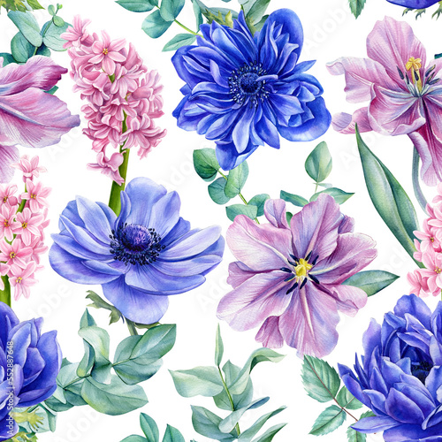 Floral background, watercolor painting, Anemone, hyacinths, tulips seamless pattern, hand drawing. Spring flowers