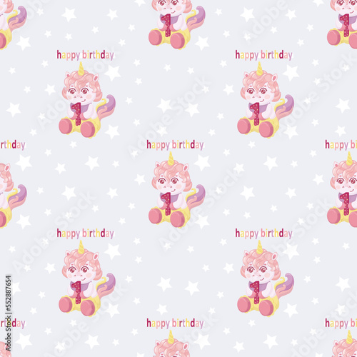 seamless pattern cute unicorn with one in hooves and inscription happy birthday on gift wrapping
