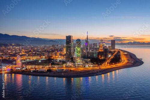 Drone aerial view of night Batumi City  Georgia