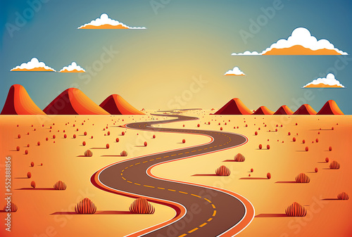 Illustration of a landscaped infinite road. cloudy desert off road or a never ending road. Generative AI