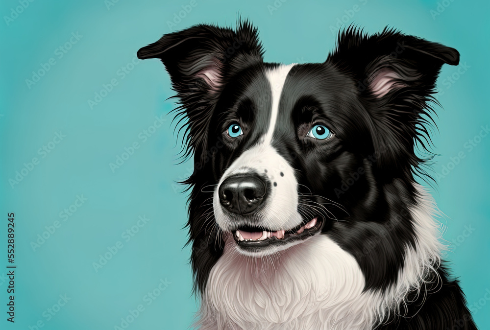 Border Collie portrait, isolated on light blue backdrop. Generative AI