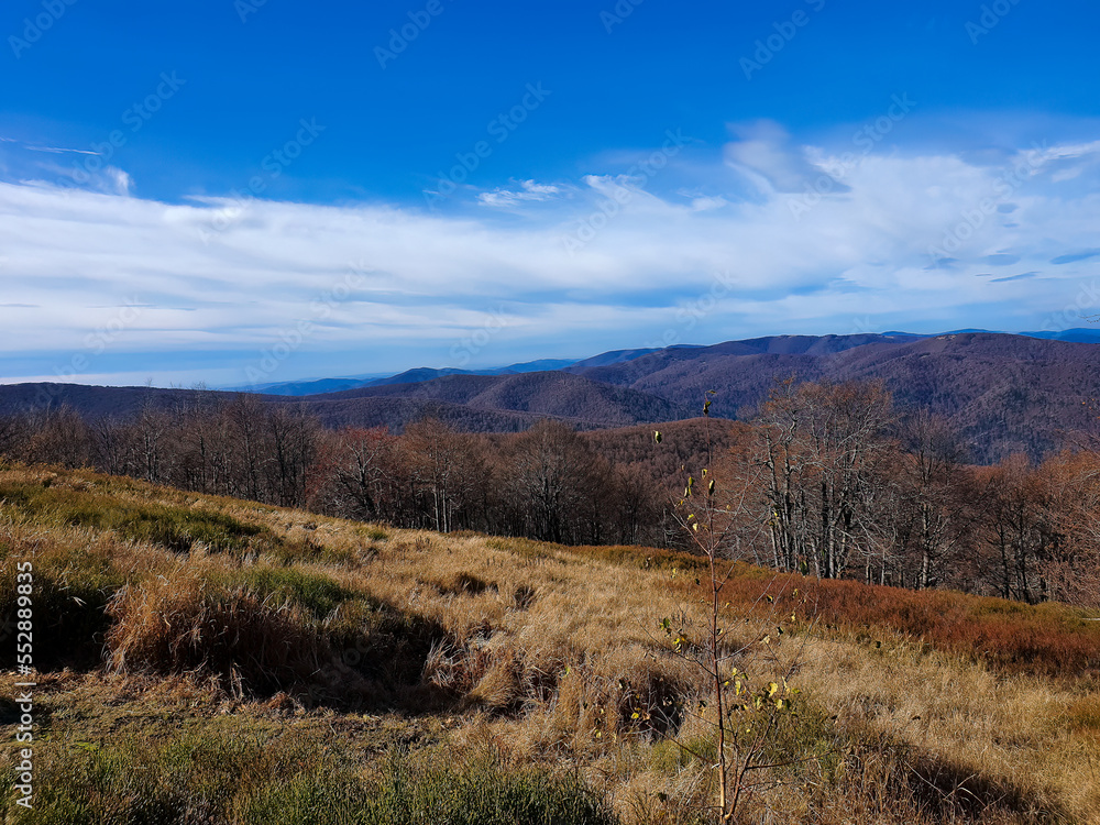 Landscape of beautiful Polish Bieszczady mountains, part of the Carpathians. Dreamlike mountains, a symbol of freedom and independence. A place for many artists. Mountain landscape, autumn in the moun