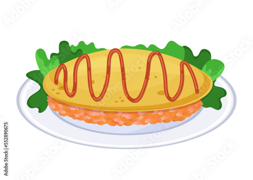 Omurice, Japanese omelette and rice topped with tomato sauce. Close up asian food on plate. Colorful vector illustration isolated on white background.