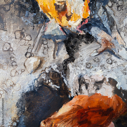 The girl lies in an earthen pit. A clothed woman with red hair. Oil painting portrait with biblical melancholic subject. Fragment of a painting with hands. photo