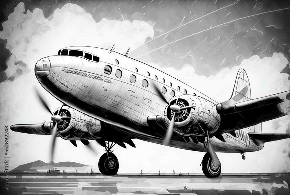 Fototapeta premium picture of the old aircraft in grayscale. Generative AI
