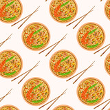 Seamless repeat pattern of Asian cuisine dish, wheat noodles with shrimp