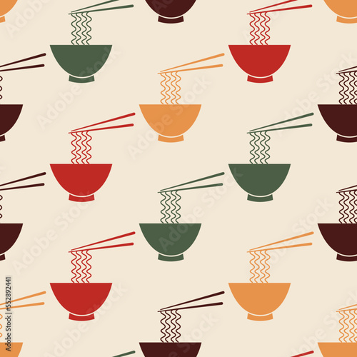 Seamless pattern with bowl of noodles and chopsticks