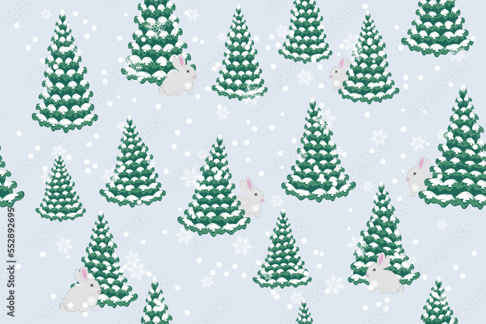 Winter forest - cartoon Christmas trees, rabbits and snow, seamless vector pattern