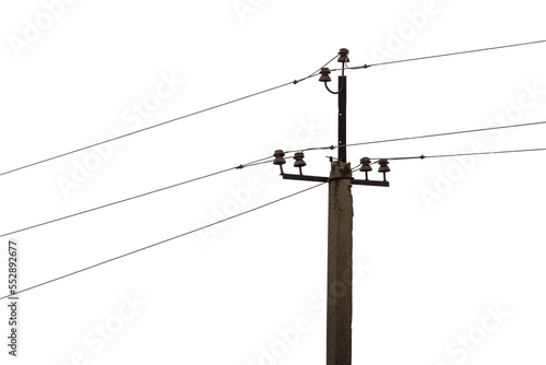 old concrete electric pole with power lines isolated photo
