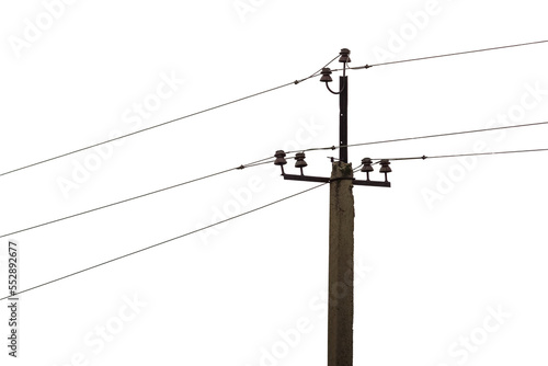 old concrete electric pole with power lines isolated