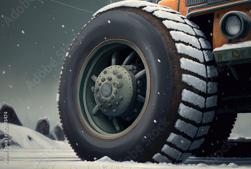 Detailed shot of a car's rubber tires in heavy snow with a transportation and safety theme. Generative AI