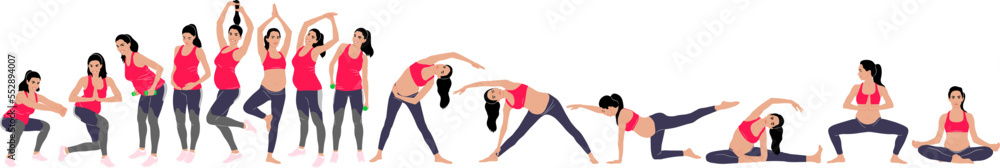 Fototapeta premium Hand-drawn set of a pregnant woman doing exercise wearing leggings and a top. Vector flat style illustration isolated on white. Full-length view 