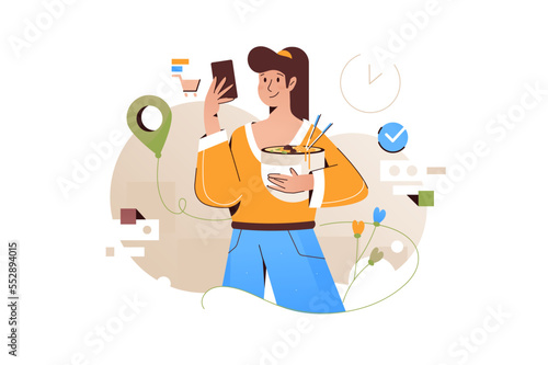 Woman making order of food using app on smartphone