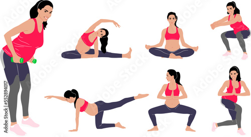 Hand-drawn set of a pregnant woman doing exercise wearing leggings and a top. Vector flat style illustration isolated on white. Full-length view	
