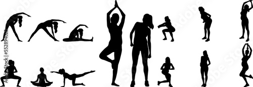 Silhouette set of a pregnant woman doing exercise wearing leggings and a top. Vector flat style illustration isolated on white. Full-length view	
