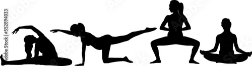 Silhouette set of a pregnant woman doing exercise wearing leggings and a top. Vector flat style illustration isolated on white. Full-length view	