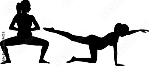 Silhouette set of a pregnant woman doing exercise wearing leggings and a top. Vector flat style illustration isolated on white. Full-length view	