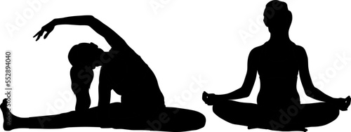 Silhouette set of a pregnant woman doing exercise wearing leggings and a top. Vector flat style illustration isolated on white. Full-length view	